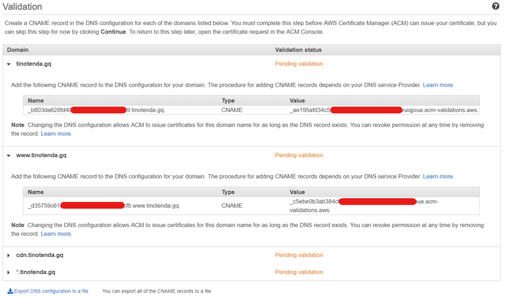 DNS configuration page with three pending validations for domains.