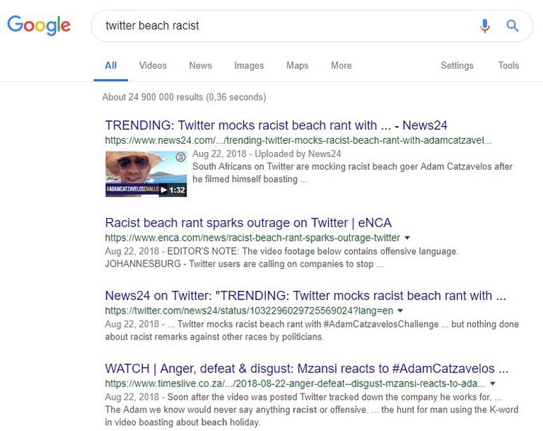Image of a google search of 'twitter beach racist'
