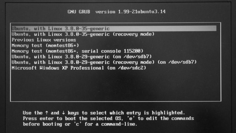 GRUB menu showing boot options for Ubuntu, recovery mode, memory test, and Windows XP