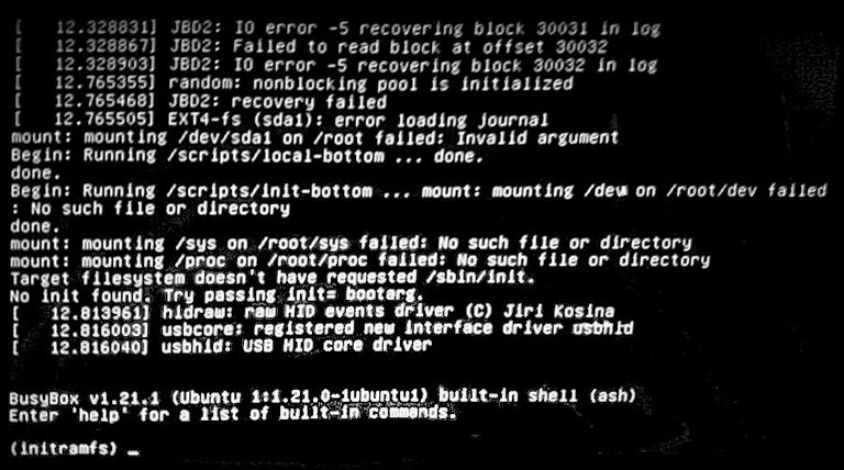 Terminal output showing kernel errors and failed mount attempts.