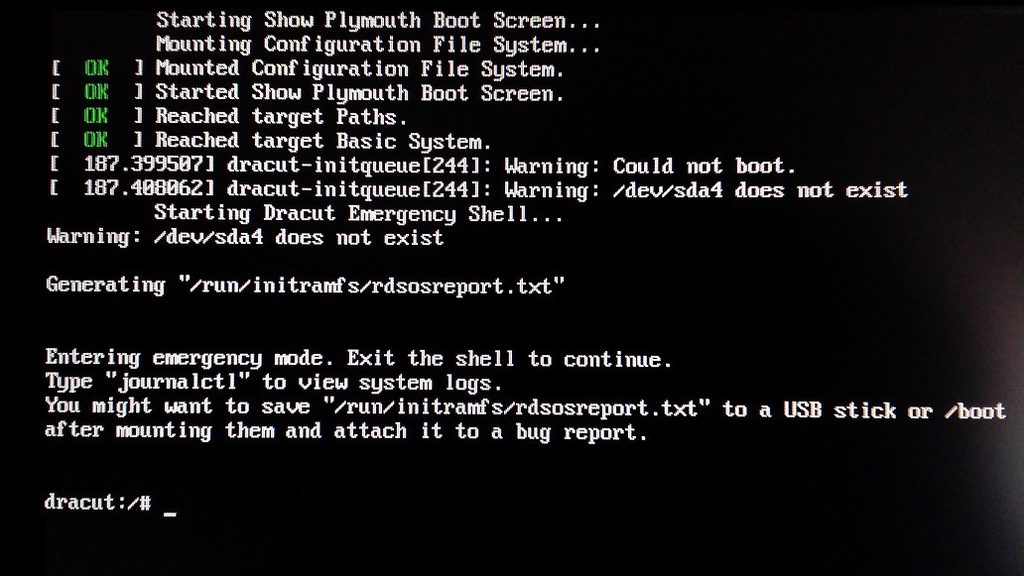 Terminal screen showing boot warnings and emergency mode instructions.